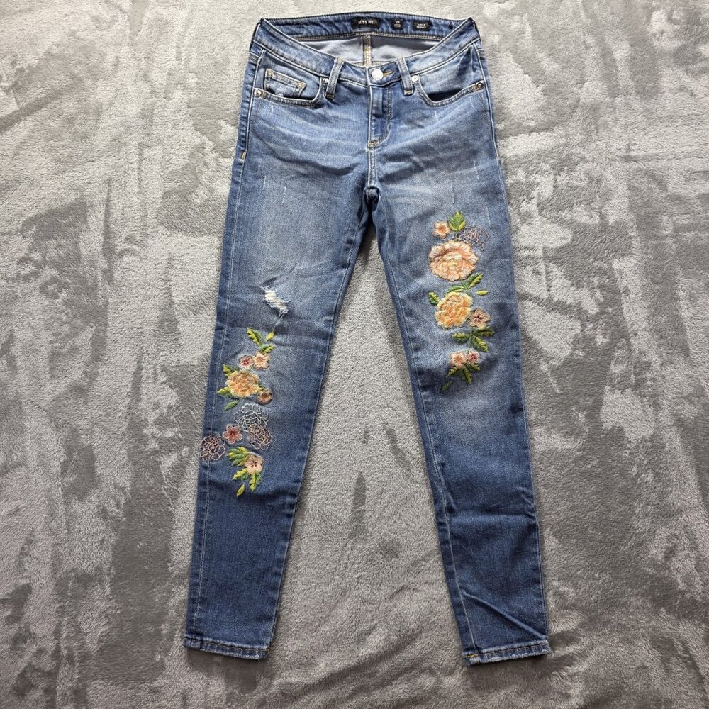 Miss Me Womens Jeans Ankle Skinny Floral Embroidered Denim Blue Whiskering 25